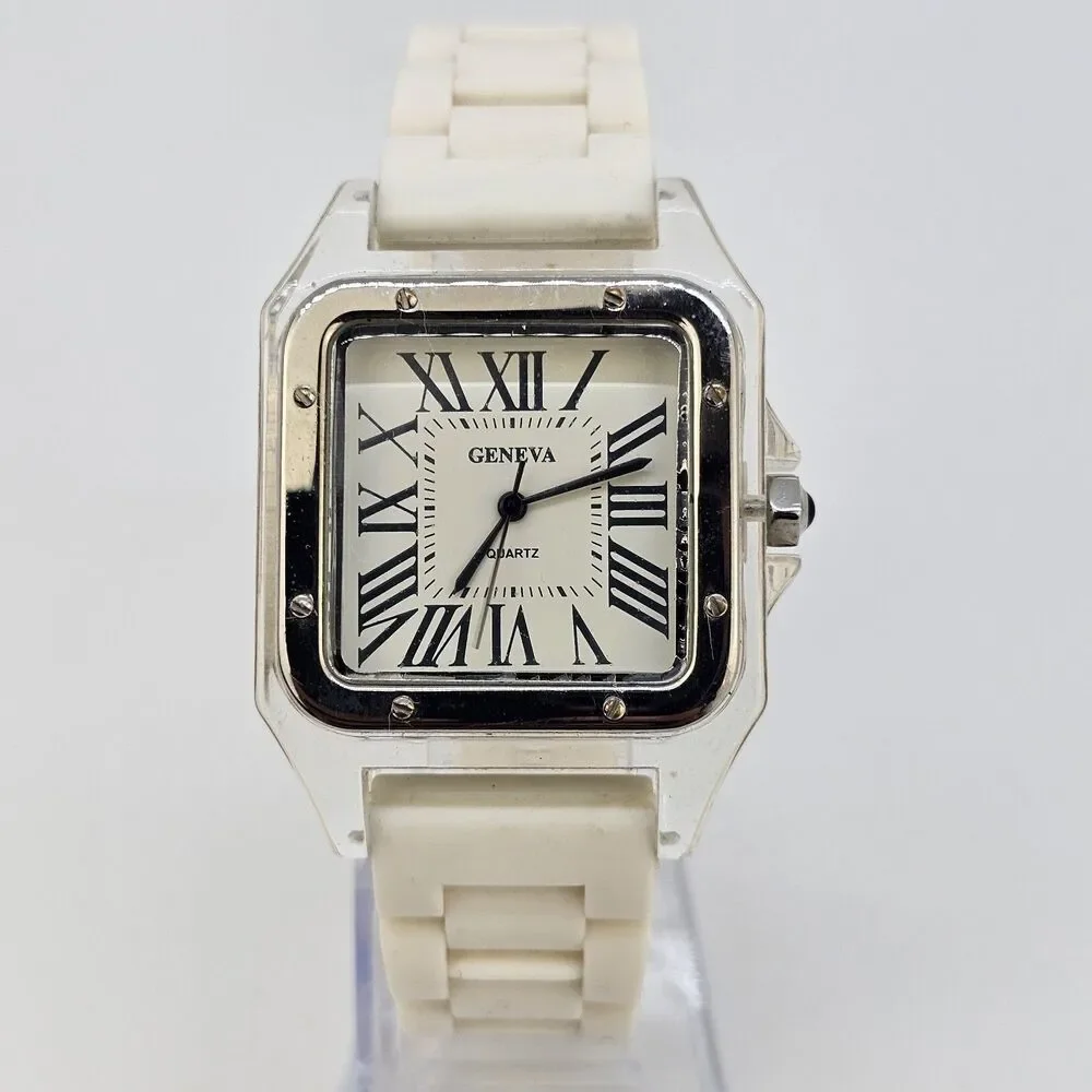 35MM Women's Square Watch White‎ Dial White Plastic Bands New Battery